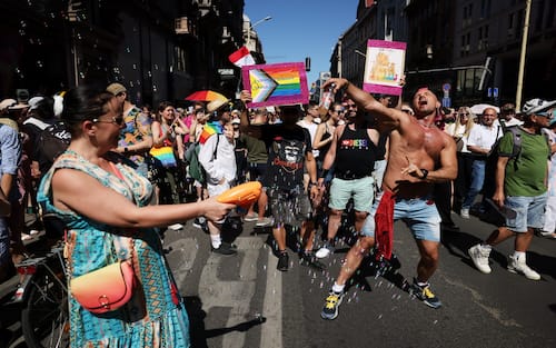 BUDAPEST, HUNGARY - JUNE 28: Participants take part in the Budapest Pride on June 28, 2025 in Budapest, Hungary. Early in 2025, Hungary passed a law restricting the freedom of assembly by connecting it to a previous law from 2021 prohibiting the public portrayal to children of 'divergence from self-identity corresponding to sex at birth, sex change or homosexuality'. Consequently, events such as Pride marches are illegal in the country. The LGBTQ+ community are defying the ban and holding their Pride event on the streets of Budapest. (Photo by Janos Kummer/Getty Images)