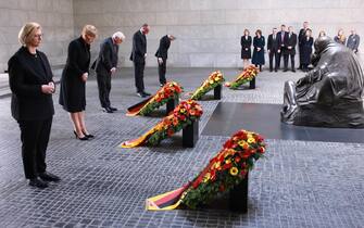 epa12082874 (L-R) German Federal Council President Anke Rehlinger, German Parliament 'Bundestag' President Julia Kloeckner, German President Frank-Walter Steinmeier, German Chancellor Friedrich Merz and German Constitutional Court President Stephan Harbarth stand in front of wreaths during a wreath-laying ceremony at the memorial site 'Neue Wache' (New Guardhouse) to commemorate the 80th anniversary of the end of WWII in Europe, in Berlin, Germany, 08 May 2025. World War II ended by the unconditional surrender of Nazi Germany on all fronts on 08 May 1945.  EPA/CLEMENS BILAN