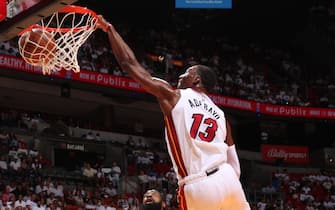 MIAMI, FL - MAY 4: Bam Adebayo #13 of the Miami Heat dunks the ball against the Philadelphia 76ers during Game 2 of the 2022 NBA Playoffs Eastern Conference Semifinals on May 4, 2022 at FTX Arena in Miami, Florida. NOTE TO USER: User expressly acknowledges and agrees that, by downloading and or using this Photograph, user is consenting to the terms and conditions of the Getty Images License Agreement. Mandatory Copyright Notice: Copyright 2022 NBAE (Photo by Issac Baldizon/NBAE via Getty Images)