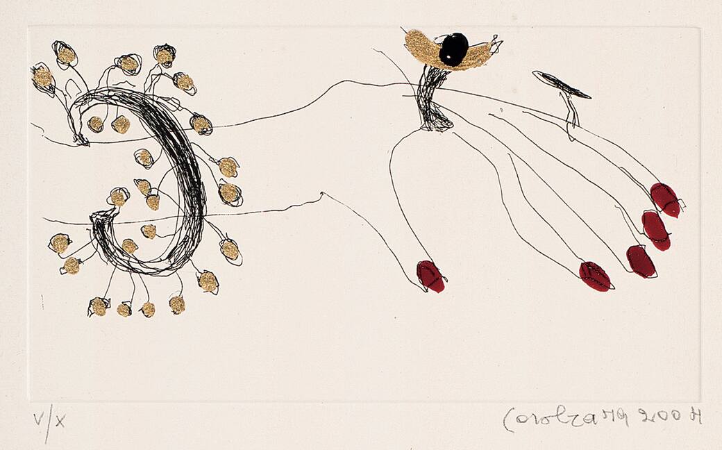 Carol Rama, Seduzione (mano), 2004. Acquaforte su carta Moulin du Pombier, 16 x 23,5 cm. Tiratura: 100 + X, con intervento dell'artista, successivo alla stampa, a smalto rosso e oro. Es. V/X. © Archivio Carol Rama, Torino