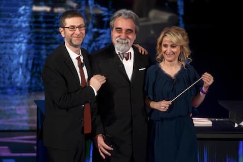 Luciana Littizzetto, Beppe Vessicchio e Fabio Fazio durante 'Che Tempo che Fa', Milano, 2 marzo 2014.  ANSA/MOURAD BALTI TOUATI