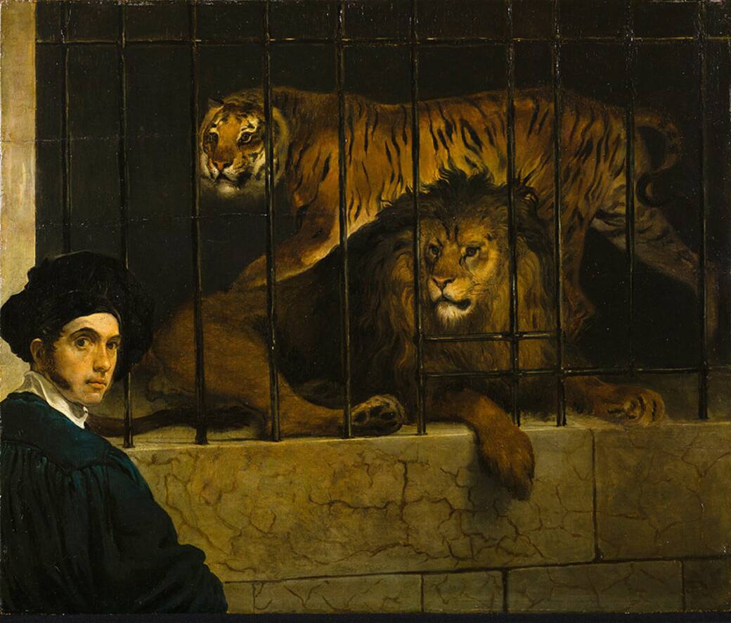 Francesco Hayez, Un leone e una tigre entro una gabbia con il ritratto del pittore. Francesco Hayez - 1831 ca. Milano, Museo Poldi Pezzoli