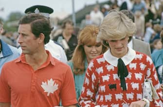 Diana, Princess of Wales  (1961 - 1997), Prince Charles and Sarah Ferguson attend a polo match at Smith's Lawn, Guards Polo Club, Windsor, June 1983. Diana is wearing a Muir and Osborne 'black sheep' sweater. (Photo by Princess Diana Archive/Getty Images)