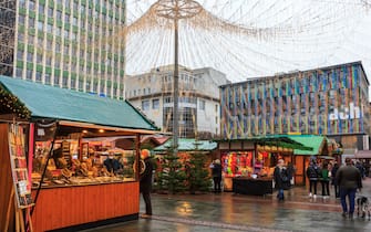 Gift huts, typical German stalls at Essen Christmas Market, NRW, Germany