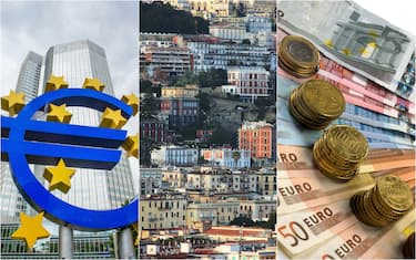 eurotower bce, veduta di case, banconote e monete euro