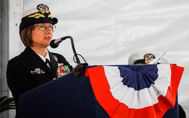 L'ammiraglio Lisa M. Franchetti al comando della 6Â° flotta navale degli Stati Uniti. Napoli 1 Marzo  2018. ANSA/CESARE ABBATE/