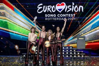 ROTTERDAM, NETHERLANDS - MAY 22: (L-R) Thomas Raggi, Damiano David, Victoria De Angelis and Ethan Torchio of MÃ¥neskin from Italy react on stage to winning for the song â  Zitti e buoniâ   (Shut Up And Be Quiet) during the 65th Eurovision Song Contest grand final held at Rotterdam Ahoy on May 22, 2021 in Rotterdam, Netherlands. (Photo by Dean Mouhtaropoulos/Getty Images)
