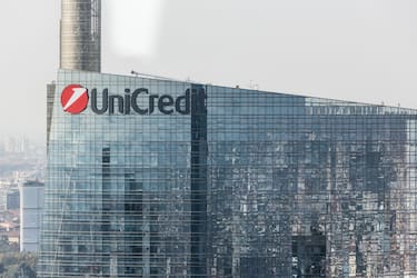 MILAN, ITALY - SEPTEMBER 29: The logo of Italian international banking group UniCredit stands on the facade of the group headquarters, located in the Porta Nuova district, as seen from the viewpoint of Palazzo Lombardia on September 29, 2023 in Milan, Italy. (Photo by Emanuele Cremaschi/Getty Images)