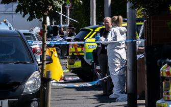 Police on Hart Street Southport, Merseyside, where a man has been detained and a knife seized after a number of people were injured in a reported stabbing. Eight patients with stab injuries have been treated at the scene and taken to hospitals including Alder Hey Children's Hospital. Picture date: Monday July 29, 2024. (Photo by James Speakman/PA Images via Getty Images)