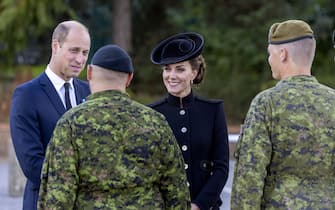 The Prince and Princess of Wales talking to members of the Canadian military as she meet troops from the Commonwealth, who have been deployed to the UK to take part in the funeral of Queen Elizabeth II, during a visit to the Army Training Centre (ATC) Pirbright in Guildford. Soldiers from Canada, Australia and New Zealand have gathered at Pirbright to rehearse their roles in the funeral on Monday. Picture date: Friday September 16, 2022.