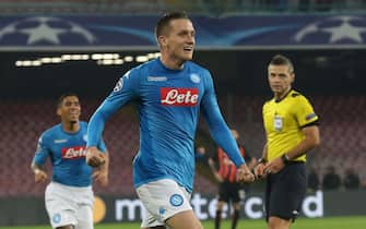 Napoli's Piotr Zielinski jubilates after scoring the goal during the Uefa Champions League Group F soccer match SSC Napoli vs Shakhtar Donetsk at the San Paolo stadium in Naples, Italy, 21 November 2017.
ANSA/CESARE ABBATE