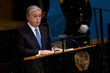 Kazakhstan's President Kassym-Jomart Tokayev addresses the 77th session of the United Nations General Assembly at UN headquarters in New York City on September 20, 2022. (Photo by Yuki IWAMURA / AFP) (Photo by YUKI IWAMURA/AFP via Getty Images)