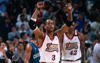 PHILADELPHIA - APRIL 28:  Allen Iverson #3 of the Philadelphia 76ers raises his arms in Game Three of the Eastern Conference Quarterfinals during the 2000 NBA Playoffs at the First Union Center on April 28, 2000 in Philadelphia, Pennsylvania.  The Sixers won 81-76.  NOTE TO USER: User expressly acknowledges that, by downloading and or using this photograph, User is consenting to the terms and conditions of the Getty Images License agreement. Mandatory Copyright Notice: Copyright 2000 NBAE (Photo by Nathaniel S. Butler/NBAE via Getty Images)