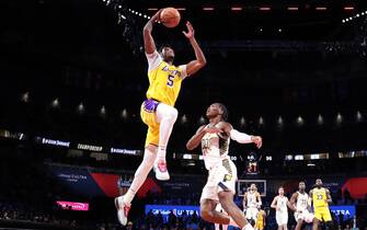 LAS VEGAS, NV - DECEMBER 9: Cam Reddish #5 of the Los Angeles Lakers drives to the basket during the game against the Indiana Pacers/ during the In-Season Tournament Championship game on December 9, 2023 at T-Mobile Arena in Las Vegas, Nevada. NOTE TO USER: User expressly acknowledges and agrees that, by downloading and or using this photograph, User is consenting to the terms and conditions of the Getty Images License Agreement. Mandatory Copyright Notice: Copyright 2023 NBAE (Photo by Jeff Haynes/NBAE via Getty Images)