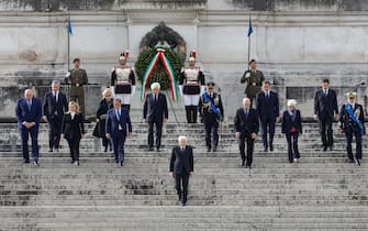 Italian President Sergio Mattarella (C) and the highest offices of state attends ceremony at the Altar of the Fatherland marking the 78th Liberation Day in Rome, Italy, 25 April 2023. Liberation Day (Festa della Liberazione) is a nationwide public holiday in Italy that is annually celebrated on 25 April. The day remembers Italians who fought against the Nazis and Mussolini's troops during World War II and honors those who served in the Italian Resistance. ANSA/FABIO FRUSTACI