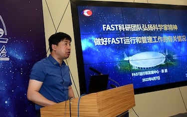 BEIJING, CHINA - JUNE 07: Jiang Peng, chief engineer of China's Five-hundred-meter Aperture Spherical Radio Telescope (FAST), speaks during an interview on June 7, 2022 in Beijing, China. Using the Five-hundred-meter Aperture Spherical Radio Telescope (FAST), an international team led by astronomers from the National Astronomical Observatories under the Chinese Academy of Sciences has discovered an active repeating fast radio burst called FRB 20190520B. (Photo by Sun Zifa/China News Service via Getty Images)
