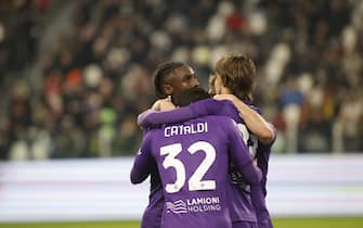 Moise Kean ACF Fiorentina celebrating after scoring a goal during the Italian Serie A 2024/25 season, football match between Juventus FC and ACF Fiorentina on 29 December 2024 at Allianz Stadium, Turin Italy. Photo Nderim Kaceli