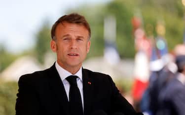 French President Emmanuel Macron speaks during a ceremony marking the 80th anniversary of the massacre of 643 persons by Nazi German forces, in Oradour-sur-Glane, southwestern France, 10 June 2024. ANSA/LUDOVIC MARIN / POOL  MAXPPP OUT
