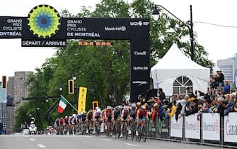 MONTREAL, QUEBEC - SEPTEMBER 10: A general view of the peloton competing during to the 12th Grand Prix Cycliste de Montreal 2023 a 221.4km one day race from Montreal to Montreal / #UCIWT / on September 10, 2023 in Montreal, Quebec. (Photo by Dario Belingheri/Getty Images)