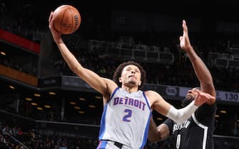 BROOKLYN, NY - MARCH 29: Cade Cunningham #2 of the Detroit Pistons drives to the basket during the game against the Brooklyn Nets on March 29, 2022 at Barclays Center in Brooklyn, New York. NOTE TO USER: User expressly acknowledges and agrees that, by downloading and or using this Photograph, user is consenting to the terms and conditions of the Getty Images License Agreement. Mandatory Copyright Notice: Copyright 2022 NBAE (Photo by Nathaniel S. Butler/NBAE via Getty Images)