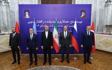 TEHRAN, IRAN - OCTOBER 23: Turkish Foreign Minister Hakan Fidan (R), Russian Foreign Minister Sergey Lavrov (2nd R), Iranian Foreign Minister Hossein Amir-Abdollahian (C),Azerbaijani Foreign Minister Jeyhun Bayramov (2nd L) and Armenian Foreign Minister Ararat Mirzoyan (L) attend the Regional Cooperation Platform for Lasting Peace and Stability in the South Caucasus meeting in Tehran, Iran on October 23, 2023. (Photo by Murat Gok/Anadolu via Getty Images)