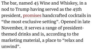 Donald Trump apre un bar a tema sulla sua presidenza. '45 Wine and Whiskey' (45 come il numero della sua presidenza) si trova all'interno della Trump Tower sulla Fifth Avenue