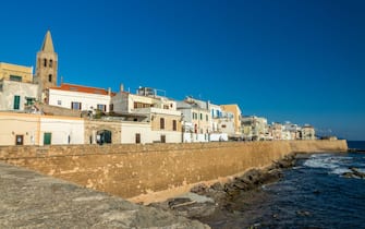 View of the walled city and ramparts of Alghero, Sardinia island, Italy