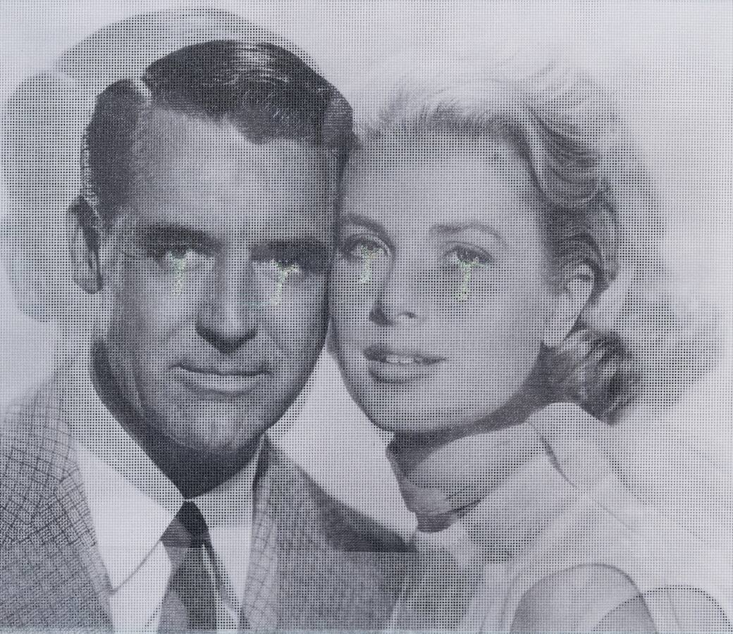 CARY GRANT WAS AN EMBROIDERER (GRACE KELLY EDITION), 2000. B/W laserprint on canvas, metallic embroidery. 51.5 - 56 cm. Courtesy of the artist