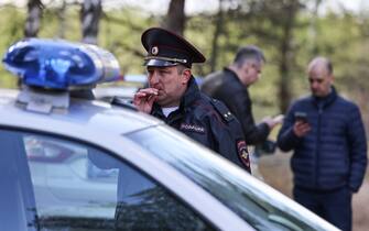 RUSSIA, NIZHNY NOVGOROD REGION - MAY 6, 2023: Emergency services respond to the site of a car bomb assassination attempt on writer Zakhar Prilepin near the village of Pionersky. According to recent data, Prilepin has been brought to hospital with injuries to his legs, his driver dead. Stringer/TASS/Sipa USA