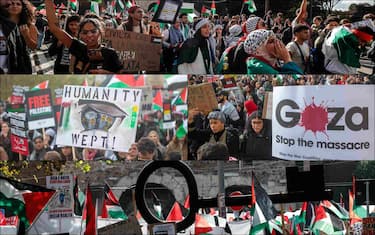 collage di foto di manifestazioni per il medio oriente