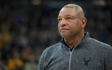 MILWAUKEE, WISCONSIN - JANUARY 27: Head coach Doc Rivers of the Milwaukee Bucks speaks to the crowd in the first half of the game between the Seton Hall Pirates and Marquette Golden Eagles at Fiserv Forum on January 27, 2024 in Milwaukee, Wisconsin. (Photo by Patrick McDermott/Getty Images)