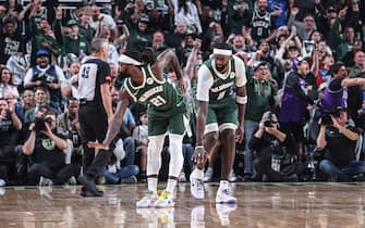 MILWAUKEE, WI - APRIL 30: Patrick Beverley #21 and Bobby Portis #9 of the Milwaukee Bucks celebrates during the game against the Indiana Pacers during Round 1 Game 5 of the 2024 NBA Playoffs on April 30, 2024 at the Fiserv Forum Center in Milwaukee, Wisconsin. NOTE TO USER: User expressly acknowledges and agrees that, by downloading and or using this Photograph, user is consenting to the terms and conditions of the Getty Images License Agreement. Mandatory Copyright Notice: Copyright 2023 NBAE (Photo by  Jeff Haynes/NBAE via Getty Images).
