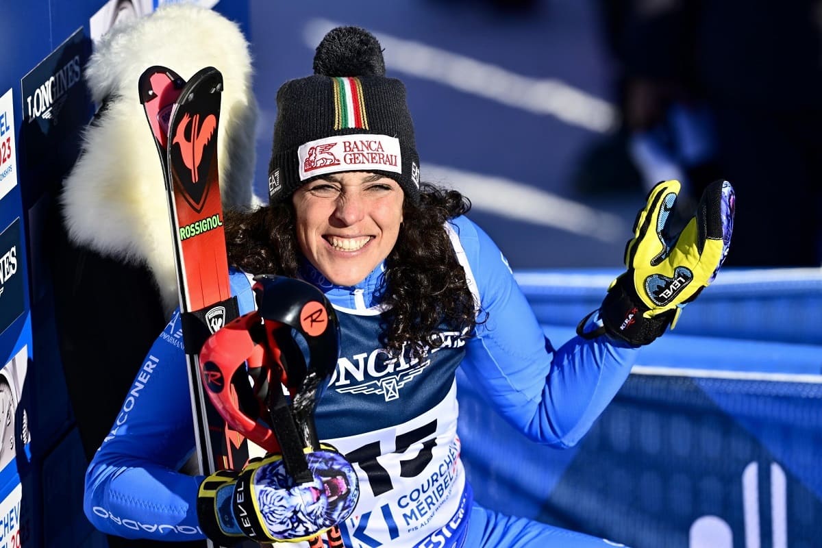 epa10450961 Federica Brignone of Italy reacts in the finish area during the Slalom run of the Women's Alpine Combined event at the FIS Alpine Skiing World Championships in Meribel, France, 06 February 2023.  EPA/JEAN-CHRISTOPHE BOTT