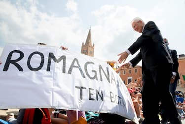 A handout picture made available by the Quirinal Presidential Palace (Palazzo del Quirinale) Press Office shows Italian President Sergio Mattarella (R) greetings some citizens as their hold a banner reading the signs 'Romagna ten bota' ('Romagna is strong') on the occasion of his visit to the areas of Emilia-Romagna affected by the flood, in Forli, northern Italy, 30 May 2023. Mattarella visited the northern Italian region of Emilia-Romagna after this month's devastating floods that claimed 15 lives and caused massive damage to agriculture.
ANSA/FRANCESCO AMMENDOLA- UFFICIO STAMPA PER LA STAMPA E LA COMUNICAZIONE DELLA PRESIDENZA DELLA REPUBBLICA ++HO - NO SALES EDITORIAL USE ONLY++ NPK++