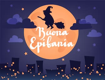 Buona Epifania (translation: Happy Epiphany) greeting card template with handwritten lettering, old witch flying on a broom in the night to bring presents. Hand drawn flat vector illustration.
