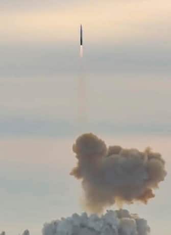 epa08092381 (FILE) - A frame grab taken from a handout file video released by the Press Service of the Ministry of Defence of the Russian Federation shows the launch of the first Avangard hypersonic missile system from the Dombarovsky position area, Russia, 26 December 2018 (issued 28 December 2019). Russian Defense Minister Shoygu announced on 27 December 2019, that the first regiment of Avangard hypersonic missiles have been put into service at an undisclosed location, suggesting the Urals, without providing further details. President Putin, who unveiled images of the new weapon in 2018, said that the nuclear-capable missiles can travel more than 20 times the speed of sound.  EPA/RUSSIAN DEFENCE MINISTRY PRESS SERVICE HANDOUT -- MANDATORY CREDIT -- HANDOUT EDITORIAL USE ONLY/NO SALES