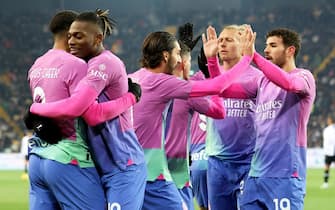 Milan s Ruben Loftus-Cheek (L) celebrated by his teammates after scoring the goal during the Italian Serie A soccer match Udinese Calcio vs AC Milan at the Friuli - Dacia Arena stadium in Udine, Italy, 20 January 2024. ANSA / GABRIELE MENIS
