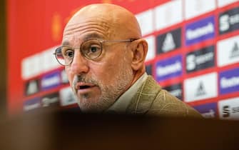 The coach of the Spanish U21 men's soccer team, Luis de la Fuente Castillo, gives a statement at a press conference at the Spanish Fubol Federation in Madrid. (Photo by Diego RadamÈs / SOPA Images/Sipa USA)