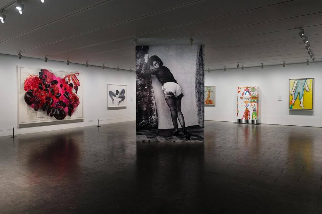Installation View from the Louisiana's South Wing. Left: Firelei Baéz, Fruta Estrana (Lee Monument), 2022. Louisiana Museum of Modern Art. Donation: Deborah Beckmann & Jacob Kotzubei. In the middle: Frida Orupabo, Turning, 2021. Acquired with funding from