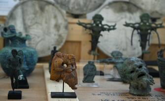 Some 600 stolen works of art that where gave back by the United States of America to the Italian Carabinieri Command for the Protection of Cultural Heritage are displayed during their presentation to journalists in Rome, Italy, 28 May 2024.   ANSA/ETTORE FERRARI