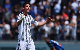  Juventus's Dusan Vlahovic celebrates vicotory for 0-2 in the Italian Serie A soccer match Atalanta BC vs Juventus FC at the Gewiss Stadium in Bergamo, Italy, 7 May 2023.
ANSA/MICHELE MARAVIGLIA