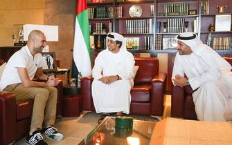 ABU DHABI, UNITED ARAB EMIRATES - MARCH 14:  Pep Guardiola meets HH Sheikh Mansour bin Zayed Al Nahyan and Manchester City chairman Khaldoon Al Mubarak at the Presidential Affairs Office in Abu Dhabi on March 14, 2018 in Abu Dhabi, United Arab Emirates.  (Photo by Victoria Haydn/Manchester City FC via Getty Images)