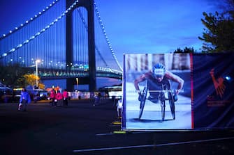 This photograph shows the Verrazano Bridge and the logo of the New York City Marathon ahead of the start of the 52nd Edition of the New York City Marathon on November 5, 2023. (Photo by Kena Betancur / AFP)