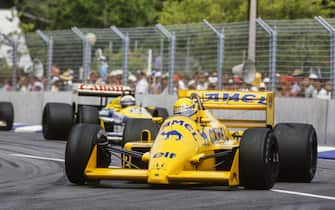 ADELAIDE STREET CIRCUIT, AUSTRALIA - NOVEMBER 15: Ayrton Senna, Lotus 99T Honda, leads Riccardo Patrese, Williams FW11B Honda, and Stefan Johansson, McLaren MP4-3 TAG during the Australian GP at Adelaide Street Circuit on November 15, 1987 in Adelaide Street Circuit, Australia. (Photo by LAT Images)