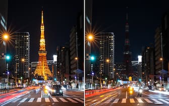 This combination of pictures created on March 23, 2024 shows the landmark Tokyo Tower illuminated (L) and with lights turned off (R) to mark the Earth Hour campaign in Tokyo. (Photo by Yuichi YAMAZAKI / AFP)