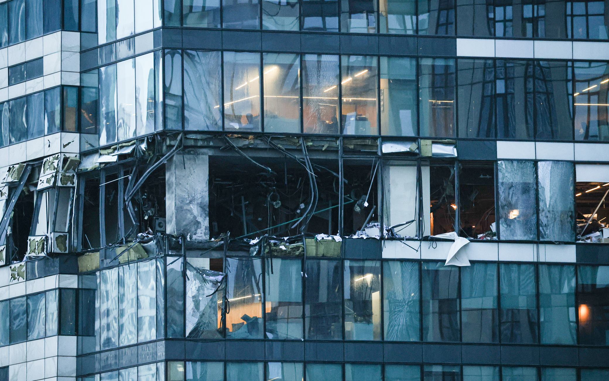 RUSSIA, MOSCOW - JULY 30, 2023: The aftermath of an explosion in a tower of the IQ-Quarter complex at the Moscow International Business Centre (Moscow City). Earlier, Moscow Mayor Sergei Sobyanin said the city was attacked by Ukrainian drones; according to the Russian Defence Ministry, three Ukrainian UAVs took part in the attack, one of them destroyed in the air over the Moscow Region's Odintsovo District. Moscow's Vnukovo Airport was temporarily closed for traffic amid the accident. Mikhail Tereshchenko/TASS/Sipa USA