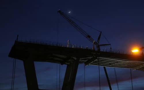 GENOA, ITALY - FEBRUARY 08: A general view of the western section of the Morandi Bridge. Demolition of the Morandi Bridge begins at Ponte Morandi on February 08, 2019 in Genoa, Italy.  The bridge suffered a partial collapse on August 14, 2018. (Photo by Stefania M. D'Alessandro/Getty Images)