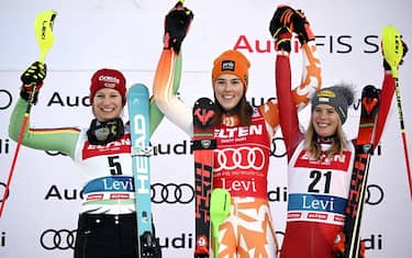 Second placed Lena Duerr (L) of Germany, winner Petra Vlhova of Slovakia and third placed Katharina Liensberger of Austria celebrate on podium after the women's slalom competition of the FIS Alpine Skiing World Cup in Kittilä, Finland, on November 11, 2023. (Photo by VESA MOILANEN/LEHTIKUVA/Sipa USA)