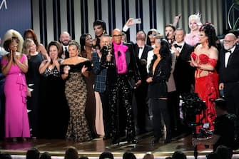 Jan 15, 2024; Los Angeles, CA, USA; RuPaul and the cast and crew of ‘RuPaul's Drag Race’ accept the award for outstanding reality competition program during the 75th Emmy Awards at the Peacock Theater in Los Angeles on Monday, Jan. 15, 2024. Mandatory Credit: Robert Hanashiro-USA TODAY/Sipa USA