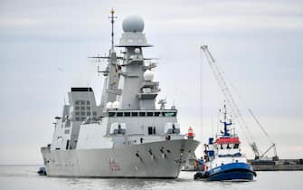 epa10640037 The Italian destroyer Caio Duilio, with its anti-aircraft and anti-missile armament, which will strengthen the anti-aircraft and anti-missile defense of the Polish coast, enters the port of Gdynia, northern Poland, 20 May 2023. The Italian missile destroyer arrived in Poland to 'strengthen' Poland's defense of its coast and critical infrastructure, Polish Defense Minister Mariusz Blaszczak wrote on social media.  EPA/Adam Warzawa POLAND OUT